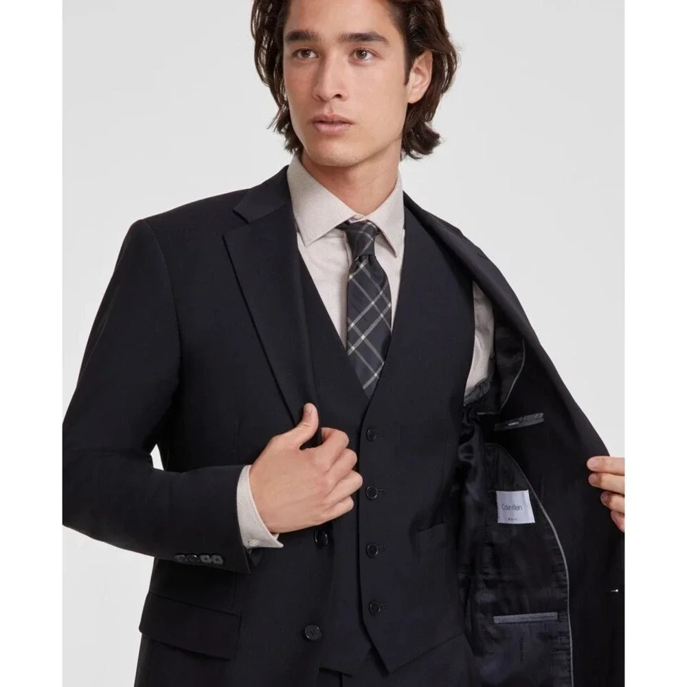 Calvin Klein Mens Slim-fit Suit Jacket Blazer 44S Black Solid Wool Blend